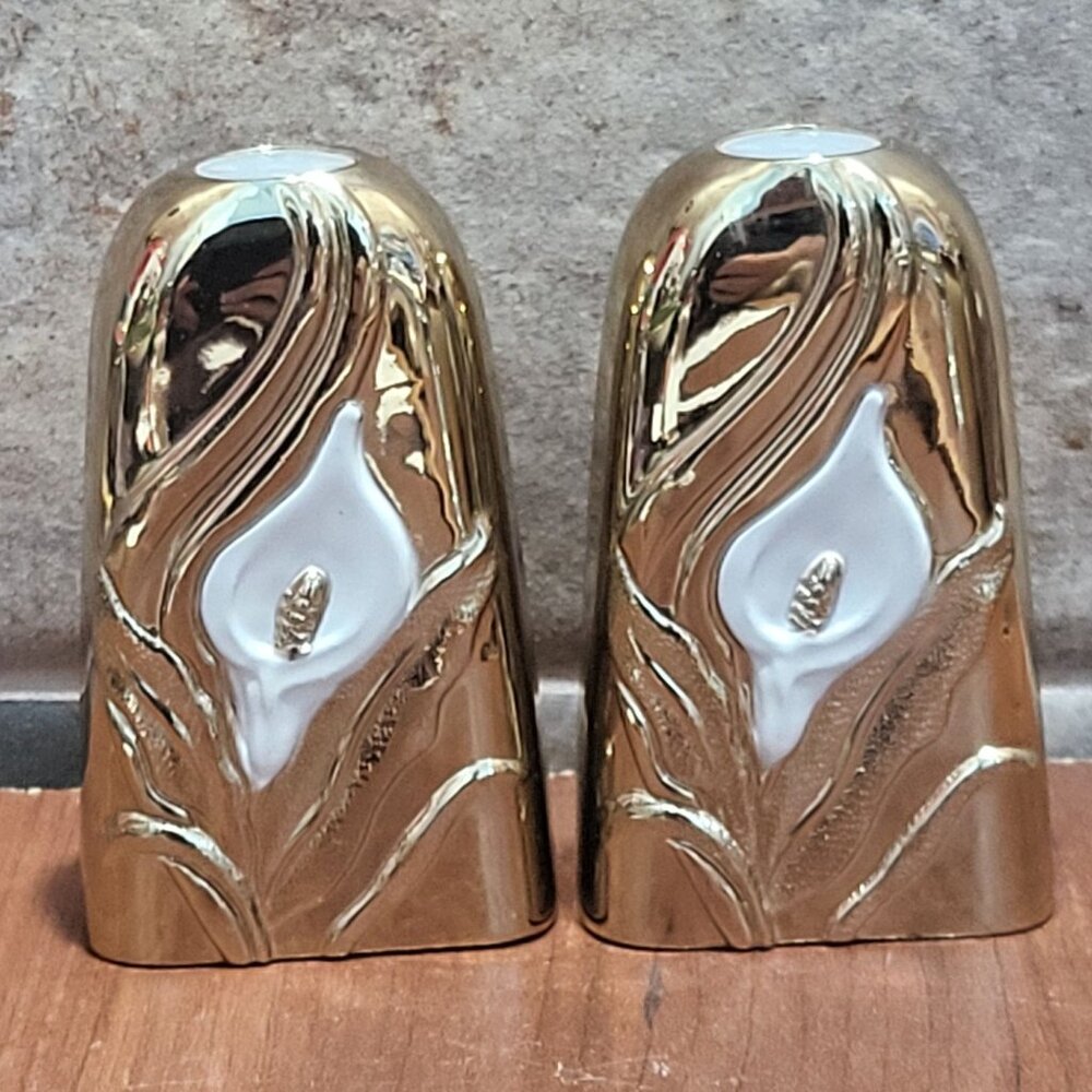 Vintage Japan Goldtone Over Silverplate White Calla Lily Salt Pepper Shaker Set